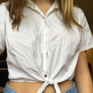 White cropped button up tie shirt
